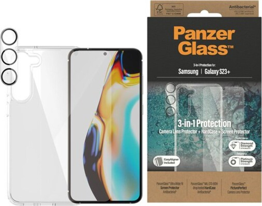 Samsung Galaxy S23+ (Plus) 3-i-1 Bundle med EasyAligner - Beskyttelseglass (UWF) / Deksel / Kamerabeskyttelse - Gjennomsiktig