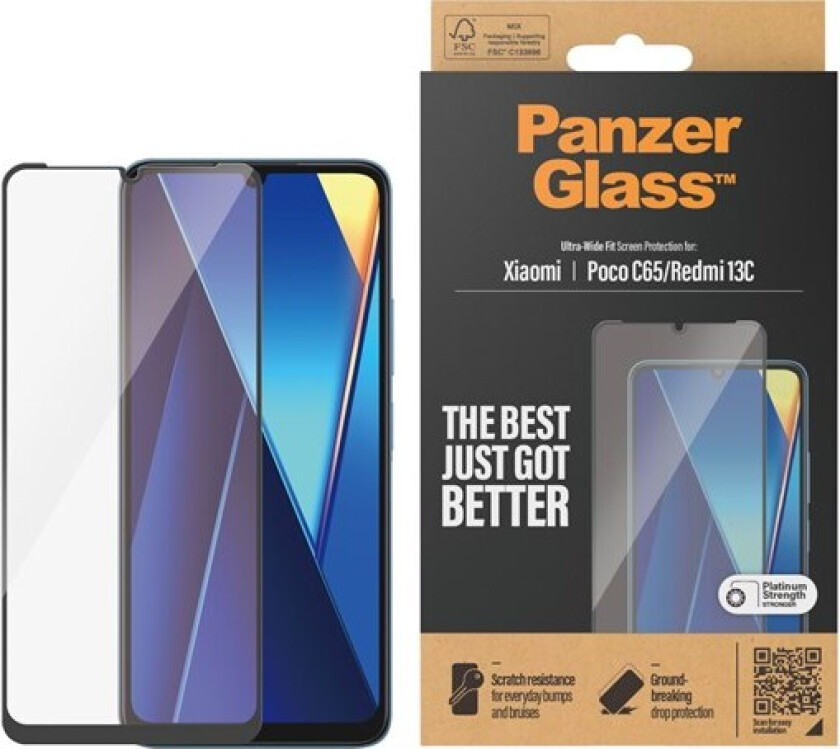 Xiaomi Poco C65 / Redmi 13C Ultra Wide Fit Skjermbeskyttelsesglass - Platinum Strength - Svart Kant