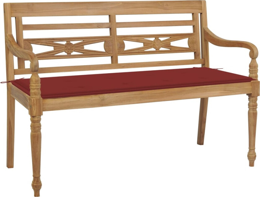 Batavia benk med røde pute 120 cm heltre teak