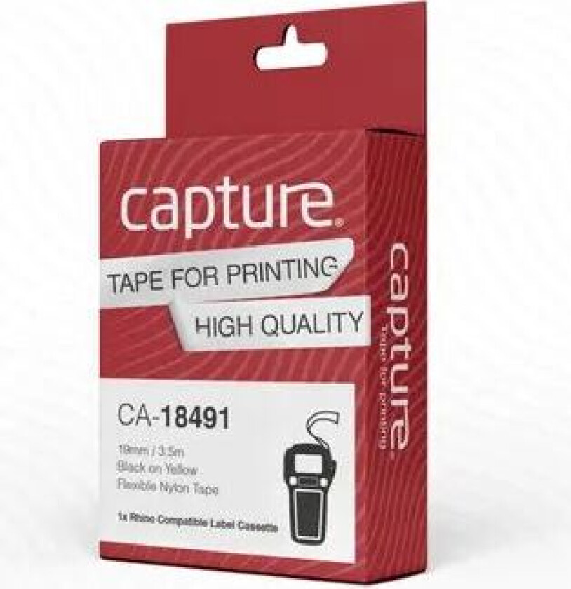 - Nylon - laminated - svart på gult - Roll (1.9 cm x 3.5 m) 1 kassett(er) hengeboks - fleksibel etikett-tape (alternativ for: DYMO 18491) - f