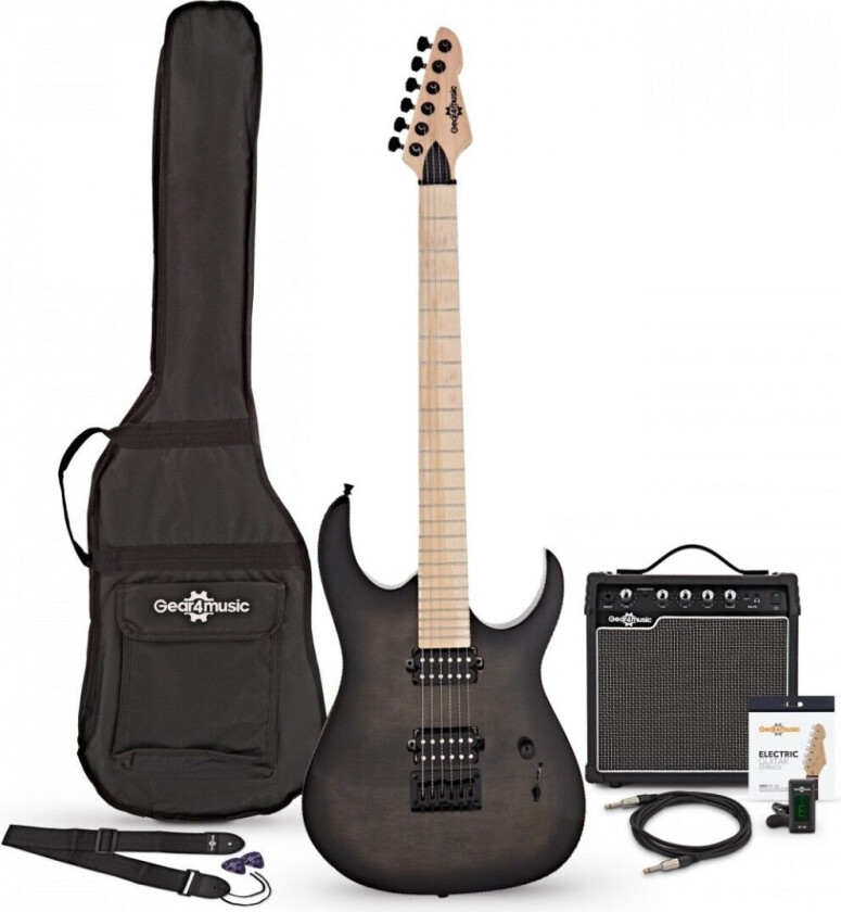 Gear4Music Harlem S Elektrisk Gitar + 15W Forsterkerpakke Trans Black