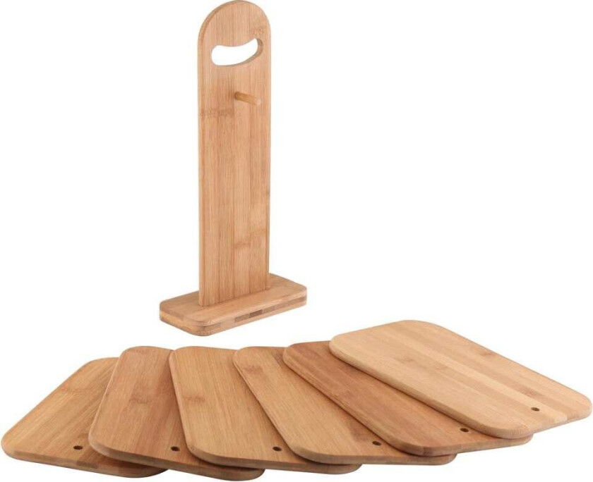 Skjærebrettsett i bambus - 6 skjærebrett og 1 stativ