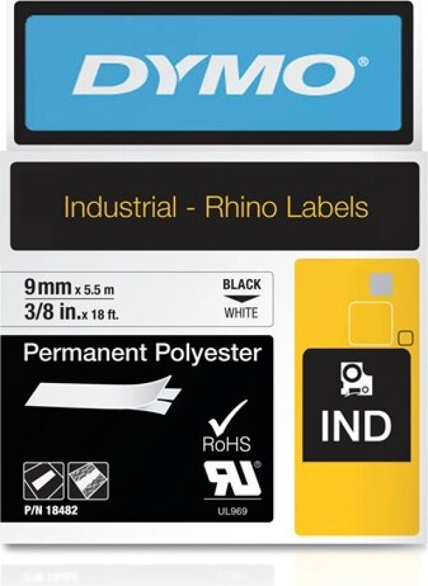 Dymo Tape Rhinopro Permanent Polyester 9mm Svart/hvit