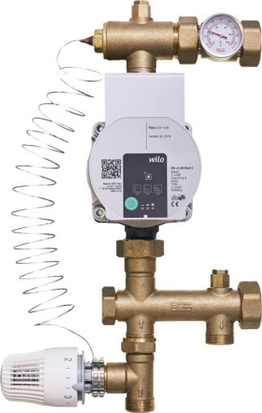 gulvvarmeshunt med 2-veis ventil og termostat-ventil samt Wilo Para 15-130/6 pumpe