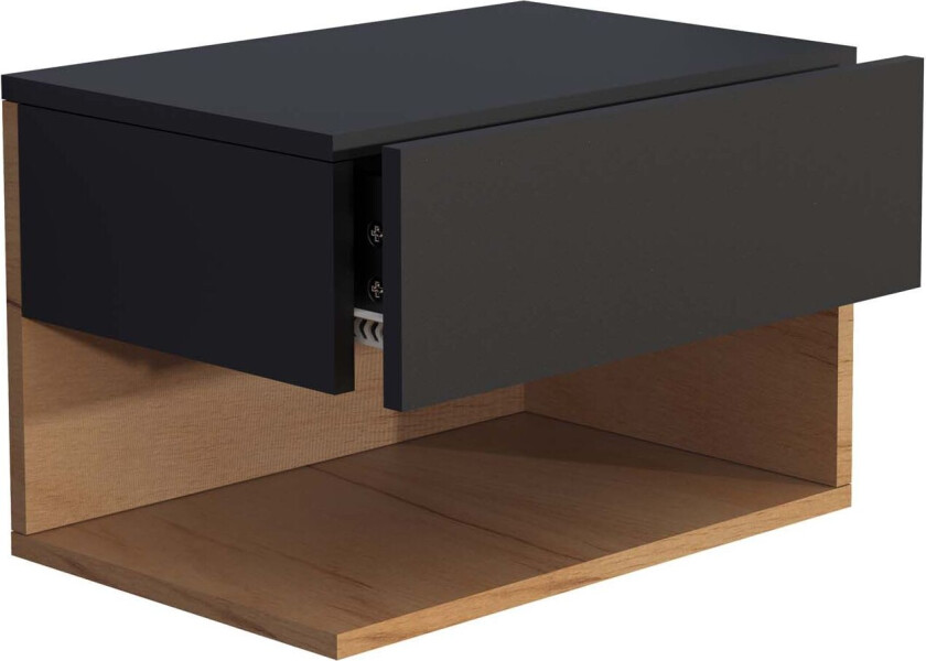 UsalXL45 nattbord vegghengt 1 skuff 1 hylle svart, eik dekor.