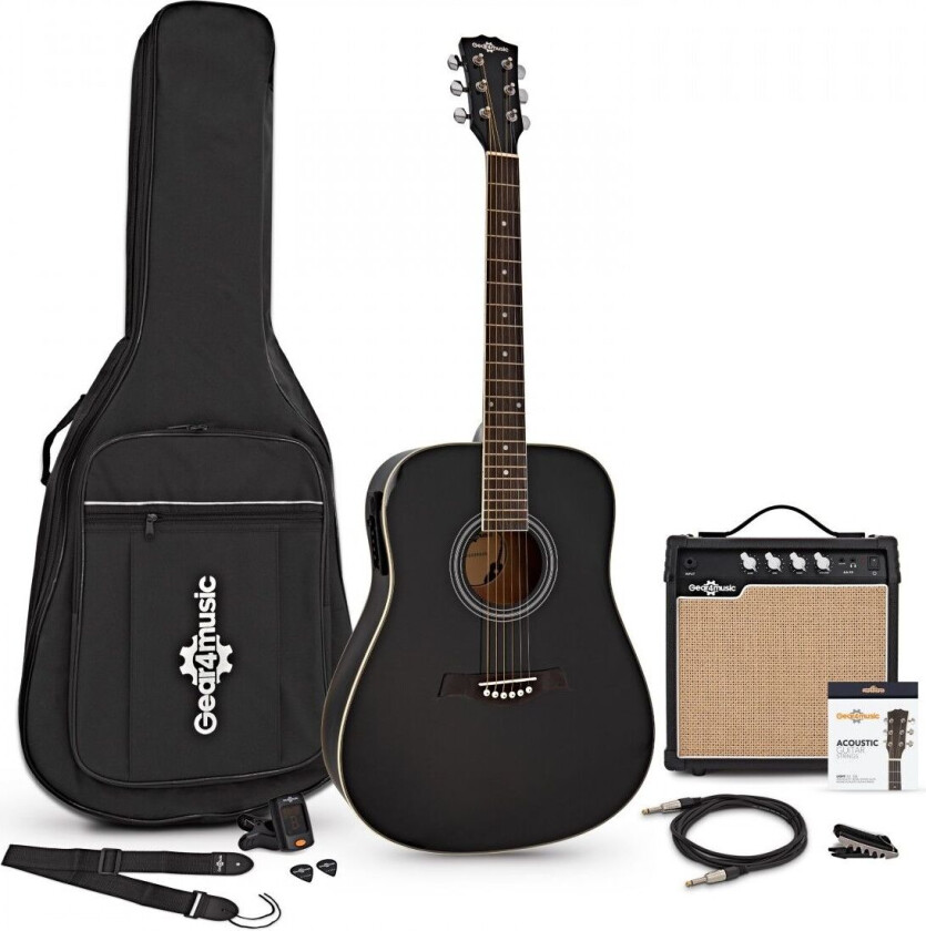 Gear4Music Dreadnought Elektroakustisk Gitar + 15W Forsterkerpakke Svart