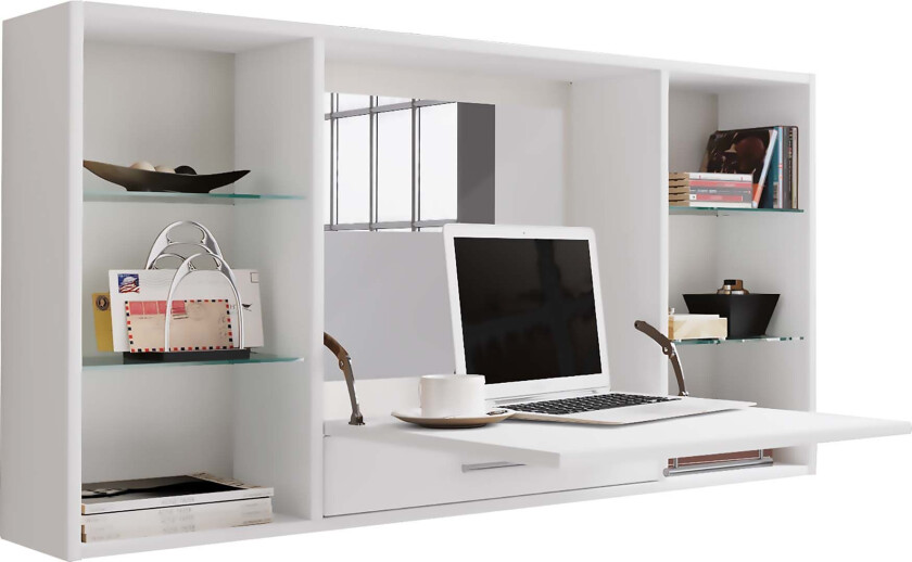 TealaS skrivebord pulten, sminkebord vegghengt 1 klaffdør 1 skuff 6 hyller hvit.