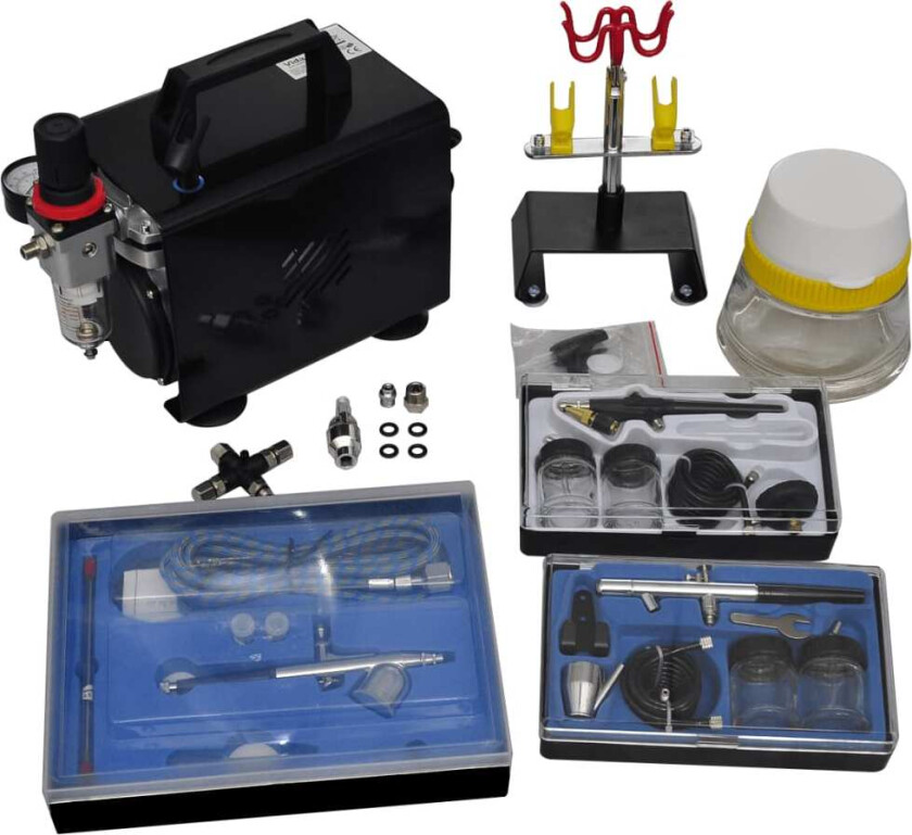 Luftsprøytekompressorsett med 3 pistoler