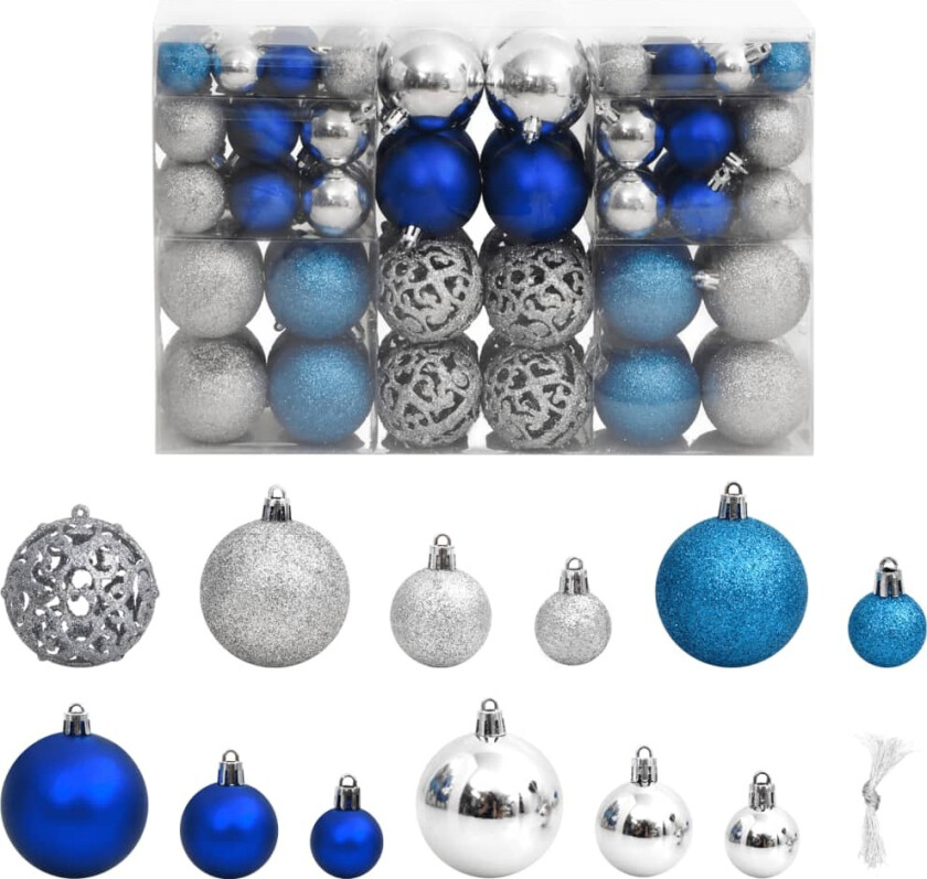 Julekuler 100 stk blå og sølv 3 / 4 / 6 cm