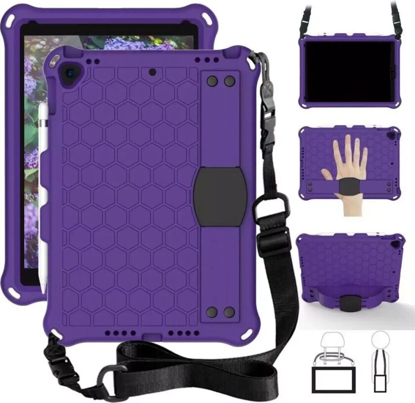 iPad 10.2" (2021 / 2020 / 2019) / iPad Pro 10.5 / iPad Air (2019) Barnedeksel med Skulderstropp - Bikube Mønster - Lilla