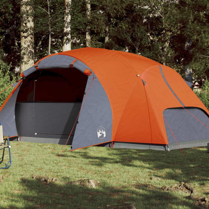Campingtelt 8 personer grå og oransje 360x430x195 cm 190T taft