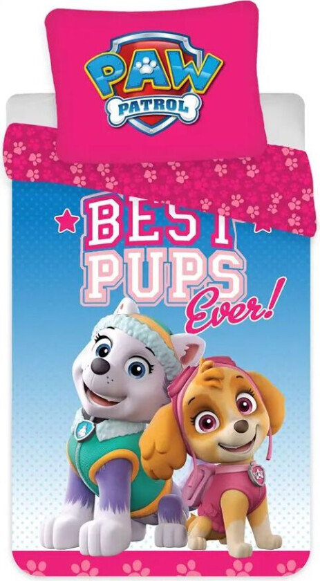 Rosa sengetøy - 140x200 cm - Paw Patrol sengesett med Everest og Skye - 2 i 1 design - 100% bomull