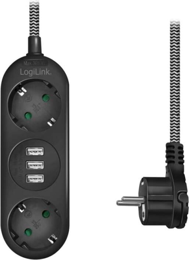 LPS262U, 1,5 m, 2 AC-utganger, Innendørs, IP20, 1,5 mm², Svart