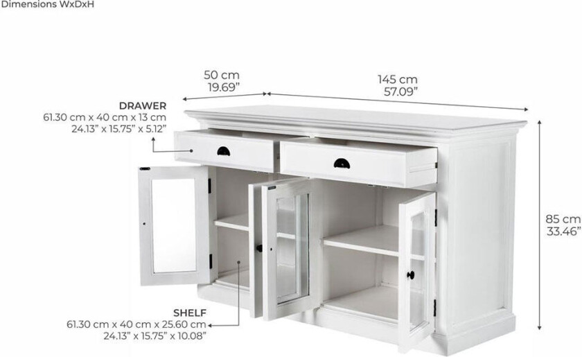 Halifax skjenk 4 dører, 2 skuffr hvit.