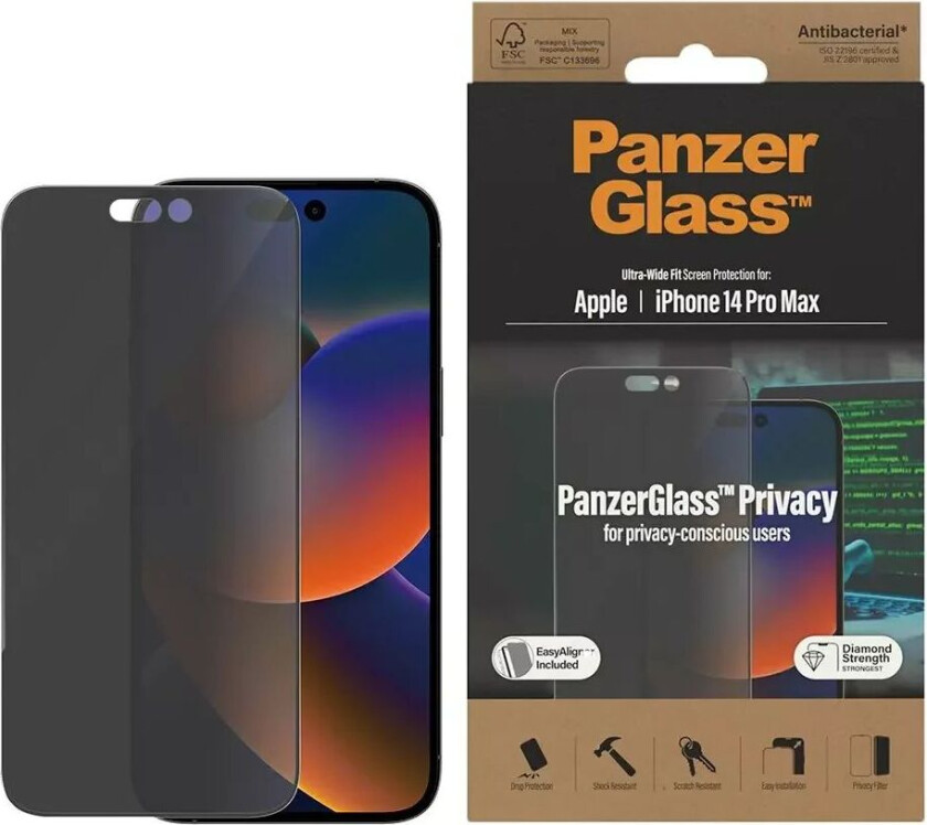 iPhone 14 Pro Max AntiBacterial Ultra Wide Fit Skjermbeskyttelsesglass - EasyAligner - Privacy Filter - Diamond Strength - Gjennomsiktig / Svart
