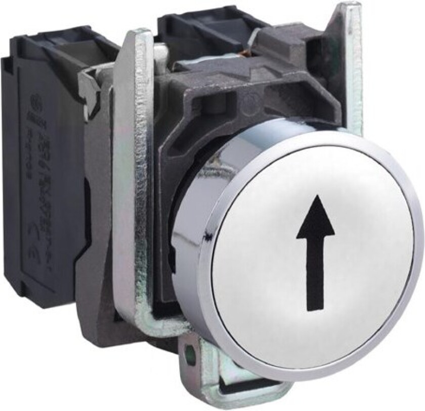 Harmony push button complete with spring return and flat touch surface in white with black arrow 1xno xb4ba3341