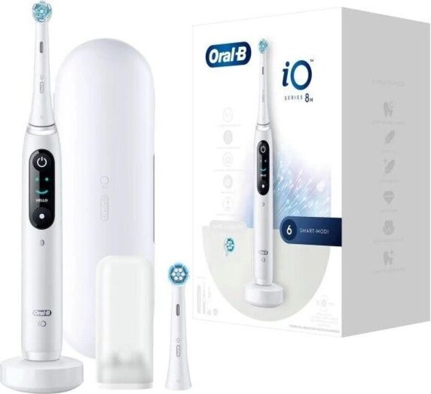 Oral-B iO Series 8N, Voksen, Vibrerende tannbørste, Daglig stell, Gum omsorg, Intense, Sensitiv / Myk, Super sensitive, Whitening, Hvit, 2 min, Hvit