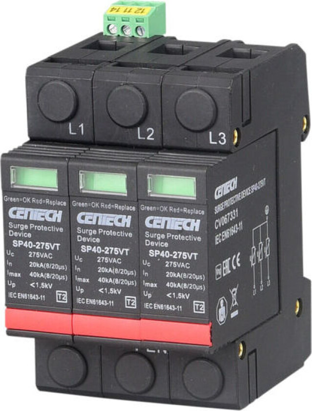 Overspenningsvern 3P type 2 pluggbar 275V m/signalkontakt - 1601184