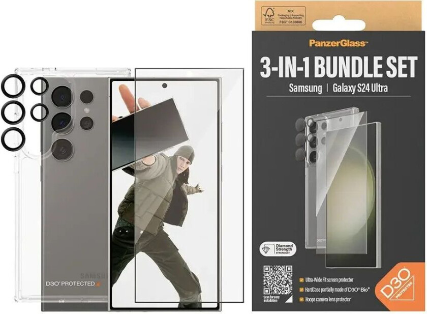 Samsung Galaxy S24 Ultra 3-i-1-Bundle m. EasyAligner - Skjermbeskyttelse (UWF) / D3O Bio Hardcase-deksel / Hoops Kamerabeskyttelse - Gjennomsiktig / Svart