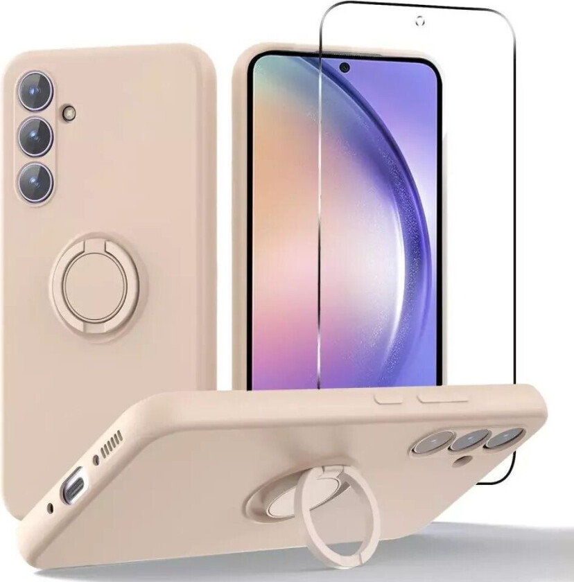 Samsung Galaxy A54 (5G) Skjermbeskytter i Herdet Glass + Silikon Deksel med Ringholder og Stropp - Rosa