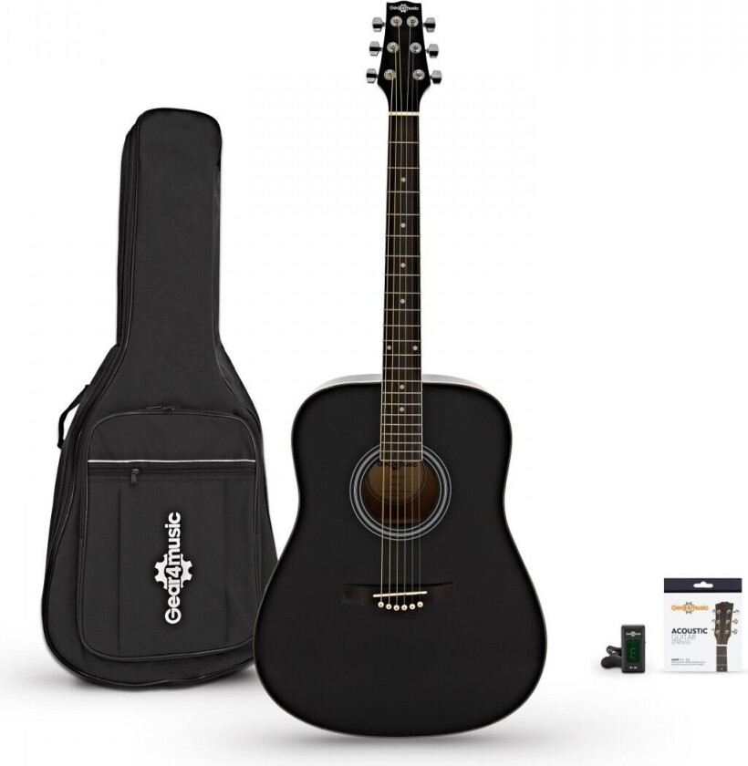 Gear4Music Dreadnought Akustisk Gitar fra Gear4music + Tilbehørspakke Svart
