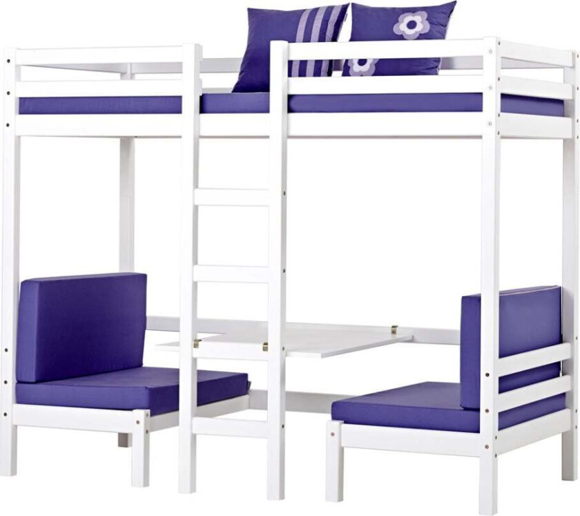 Basic Jumbo høyseng med lilla sofa, skrivebord og inkl. lamellbunner.