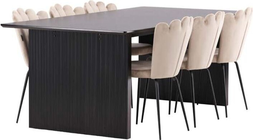 Vail spisegrupper bord svart og 6 Limhamn stoler beige.