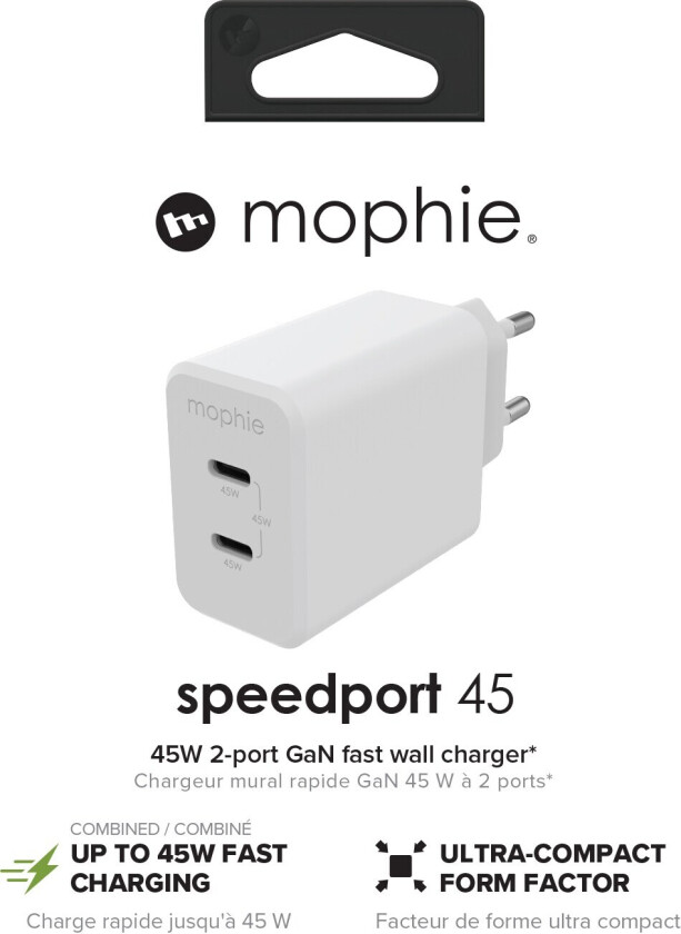 mophie speedport 45 - Strømadapter - 45 watt - Fast Charge, PD - 2 utgangskontakter (24 pin USB-C) - hvit - Europa