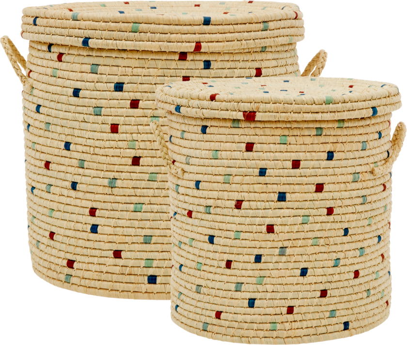 - Laundry Basket in Raffia with Blue Details - Set of 2