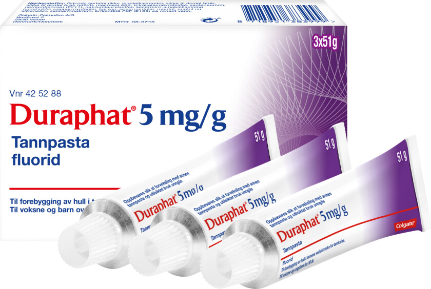 Reseptfri fluortannpasta 5 mg/g, 3 x 51 g.