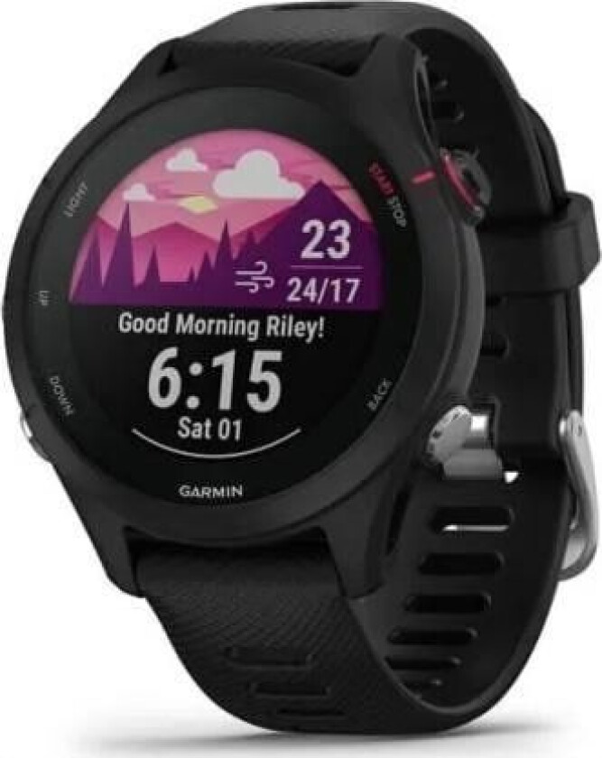 Smartklokke Garmin Forerunner 255S Music, Svart ramme med hvit silikonrem i stein