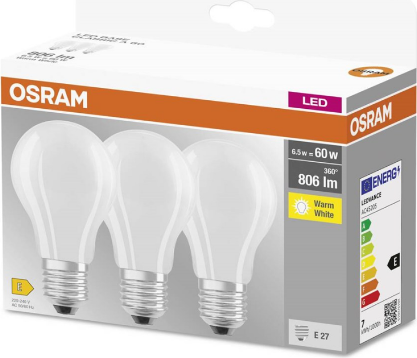 OSRAM LED BASE standard mat 806lm 6,5W/827 (60W) E27 3-pak