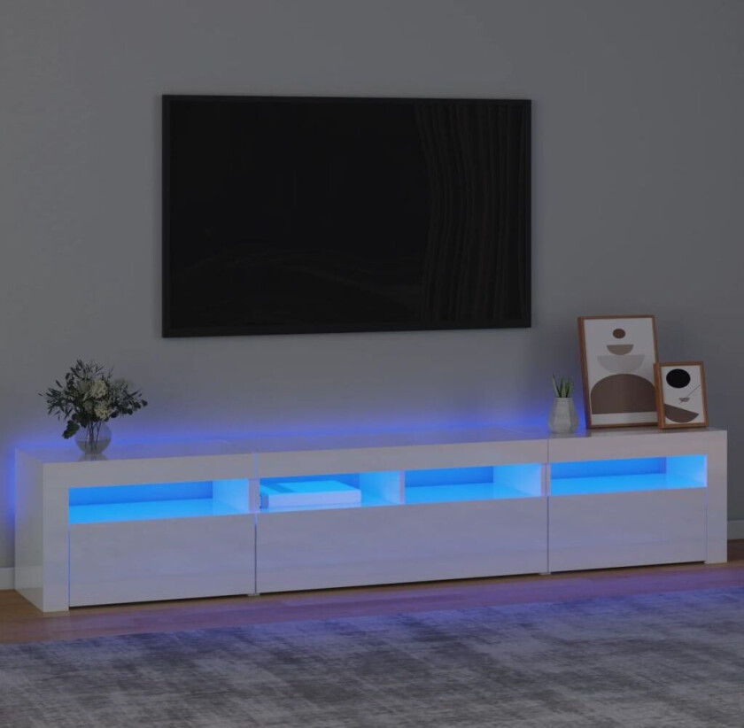 TV-benk med LED-lys høyglans hvit 210x35x40 cm