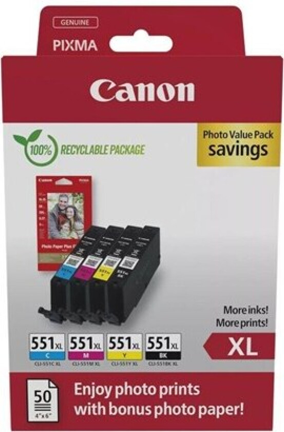 Multipack CLI-551XL (BK/C/M/Y) + PP-201 A6 (50-sider)