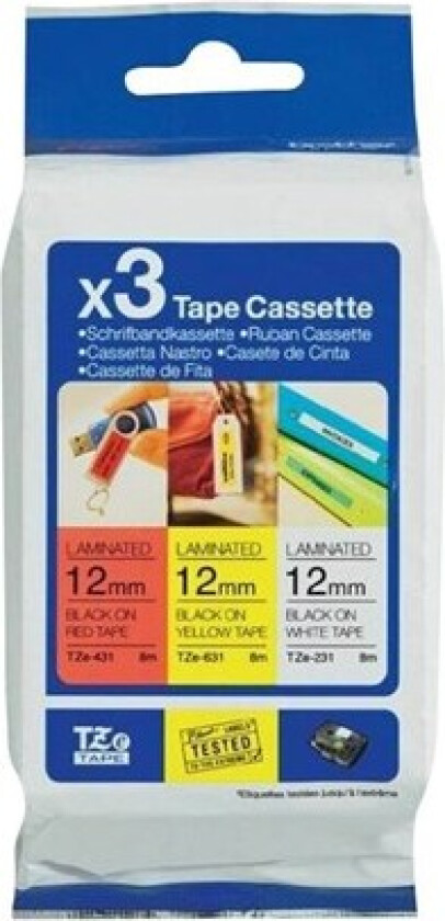 Bilde av TZe 31M3 - 3-Pack 1x black on red 1x black on white and 1x black on yellow laminated tape (12mm x 8m)