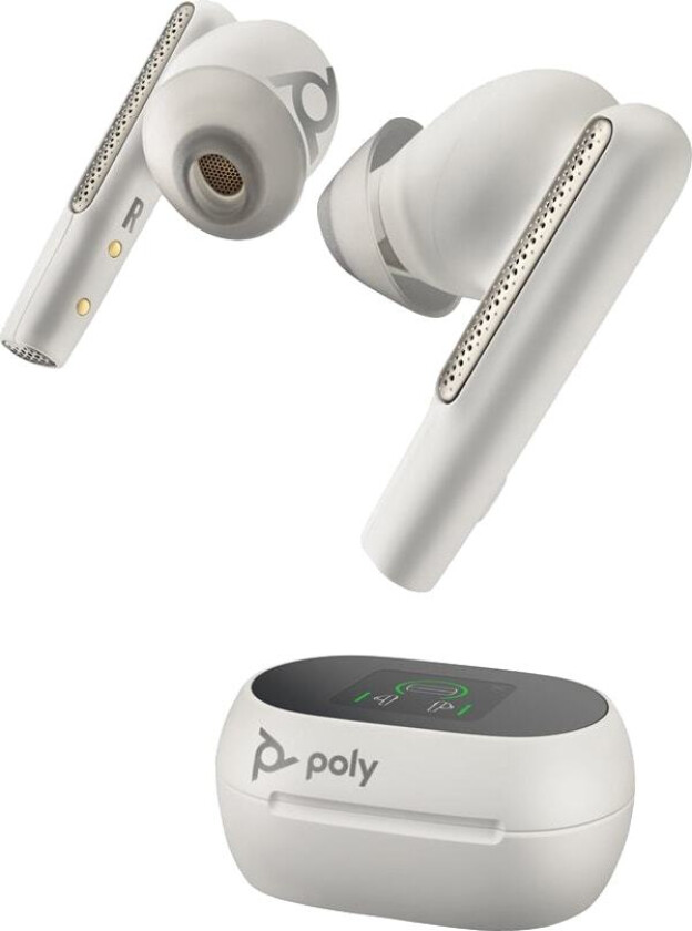 Poly Voyager Free 60+ UC M - True wireless-hodetelefoner med mikrofon - i øret - Bluetooth - aktiv støydemping - USB-C via Bluetooth-adapter - sandhvit - Certified for Microsoft Teams