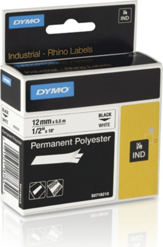 Dymo Tape Rhinopro Permanent Polyester 12mm Svart/hvit