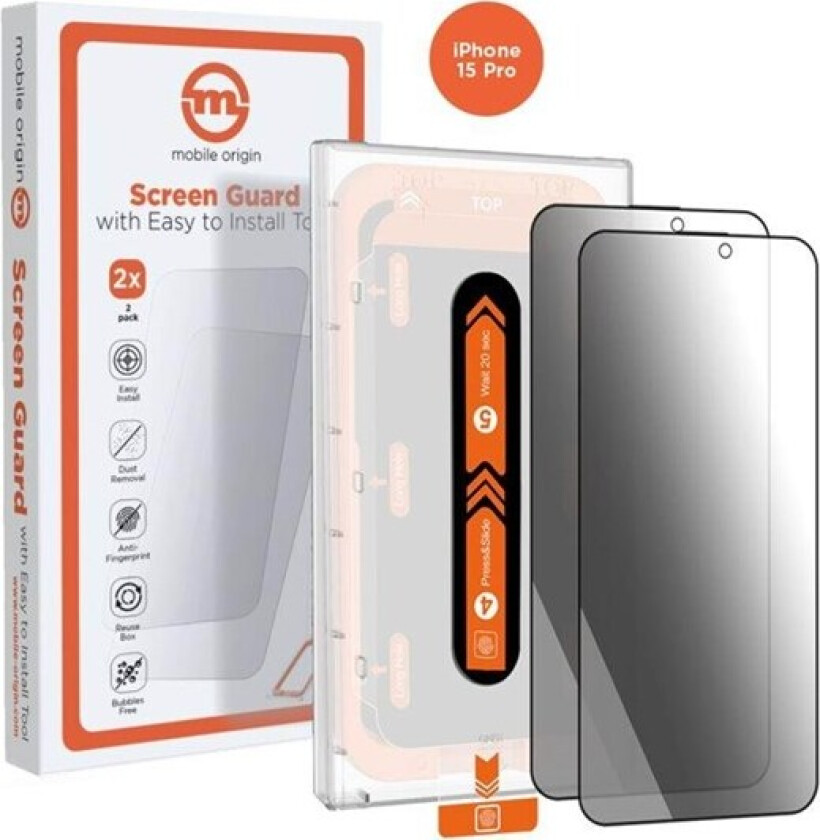 iPhone 15 Pro Mobile Origin Beskyttelsesglass med. Privacy Function - Case Friendly - 2 Pack - Svart Kant