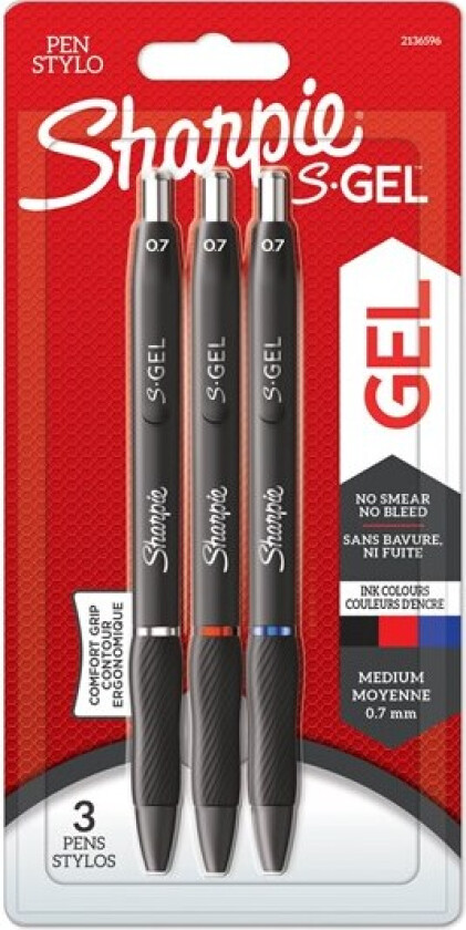 S-Gel | Gel Pens | Medium Point (0.7mm) | Black Red & Blue Ink | 3 Count
