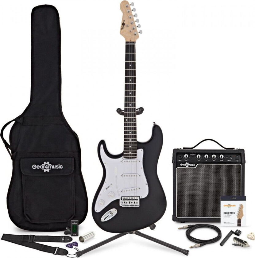 Gear4Music LA Venstrehendt Elektrisk Gitar Svart + 15W Fullstendig Forsterkerpakke