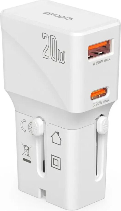 4smarts World Reiseadapter m. 1 x USB-A & 1 x USB-C - Hvit