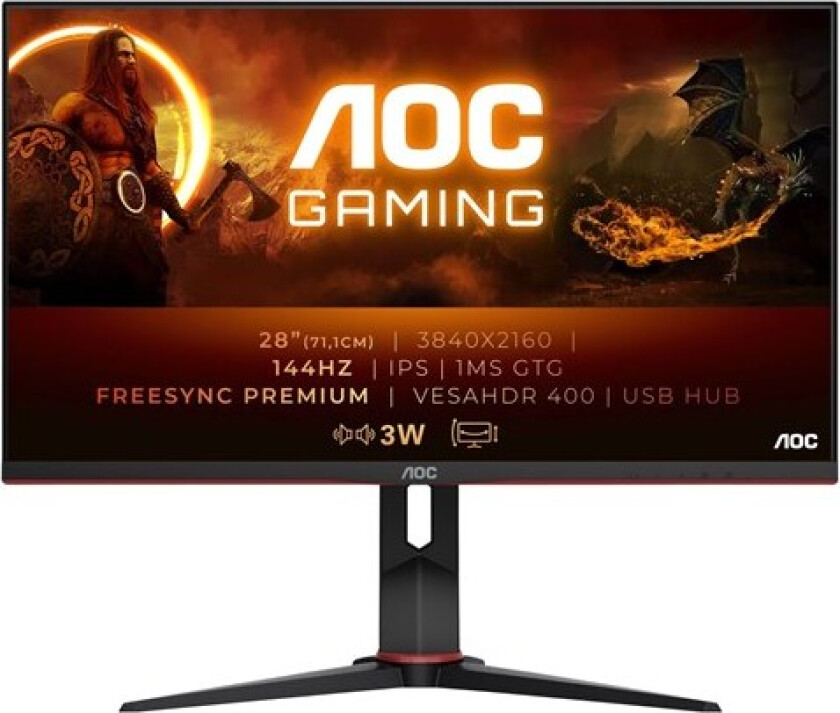 28" AOC Gaming U28G2XU/BK 4K 144Hz - 1 ms - Skjerm