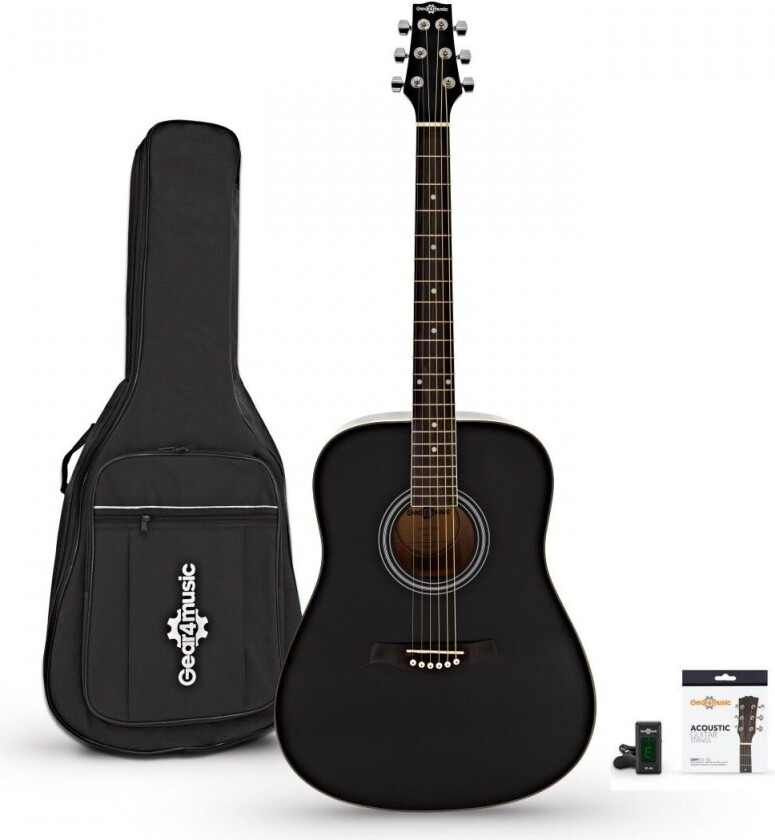 Gear4Music Dreadnought Left Handed Acoustic Guitar + Tilbehørspakke Svart