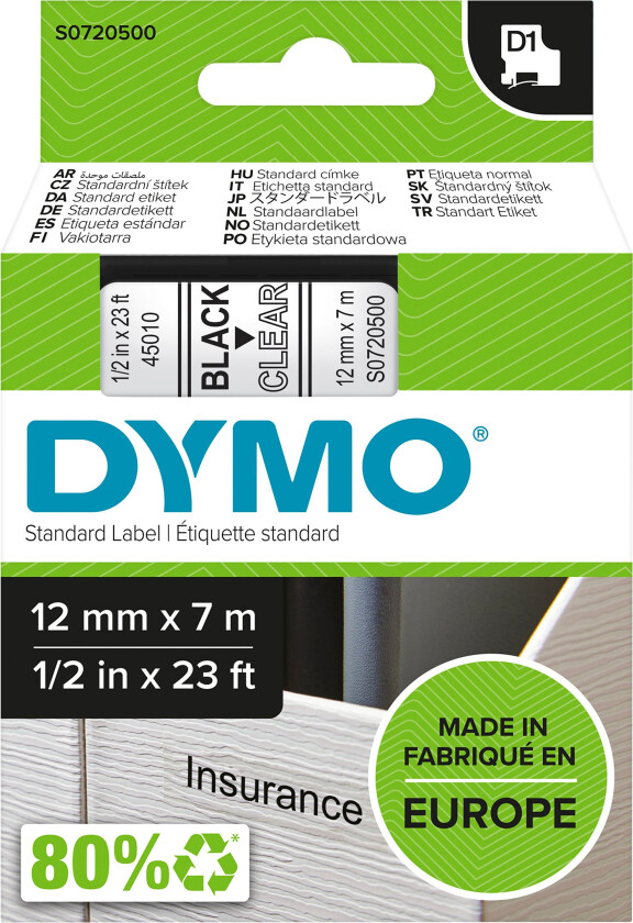 Dymo Tape D1 12mm Svart/gjennomsiktig