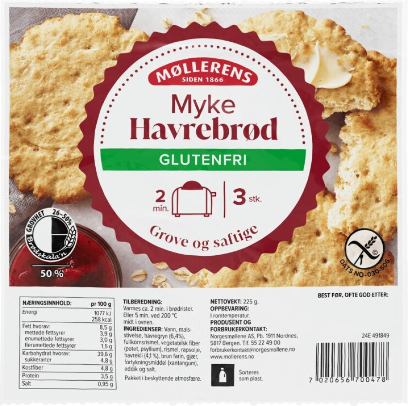 Havrebrød Runde Myke Gl.Fri 3stk