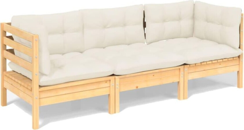 3-seters hagesofa med kremhvite puter heltre furu