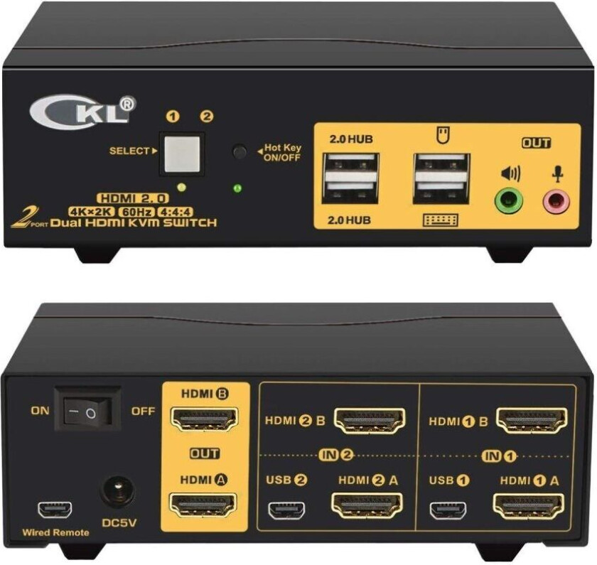 Nördic KVM 2x2 HDMI Switch Dual Monitor HDMI2.0 4K60Hz 4:4:4 med 1x3.5mm og 4xUSB-A