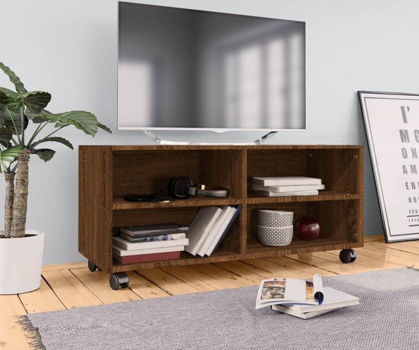 TV-benk med hjul brun eik 90x35x35 cm konstruert tre