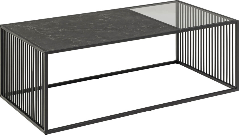 Strington sofabord 120x60 cm glass, røykfarget, svart marmor dekor.