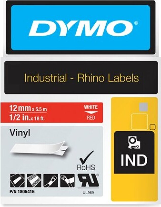 Bilde av Dymo Tape Rhinopro Permanent Vinyl 12mm Hvit/rød